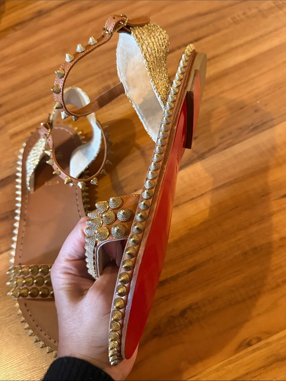Christian Louboutin Brown Leather Studded Flat Sandals with Gold Spikes size 40